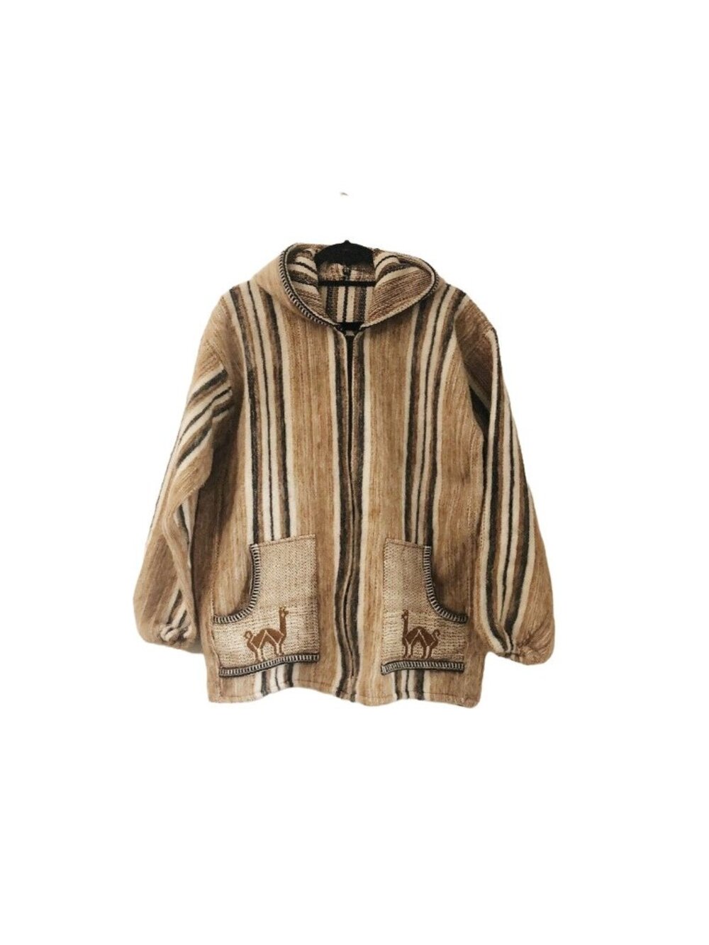 Original Poncho Llama Wool Brown Stripe Hooded Jacket Pom Poms Boho Size Large